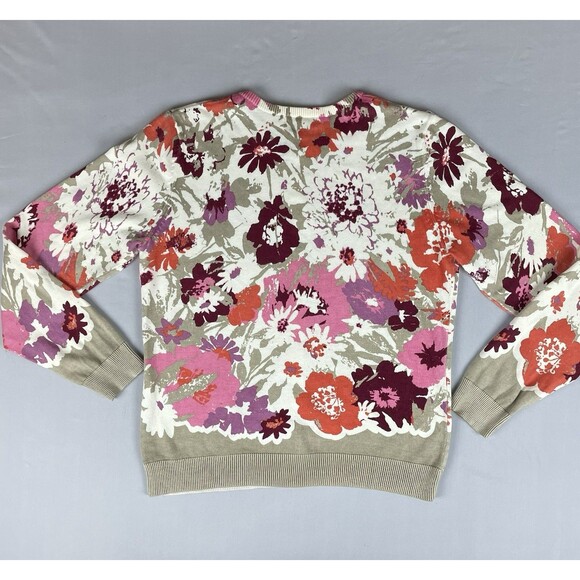 Cherokee Floral Button-Up Cardigan Med Crew Neck Purple Beige Orange Tight Knit - Picture 12 of 14